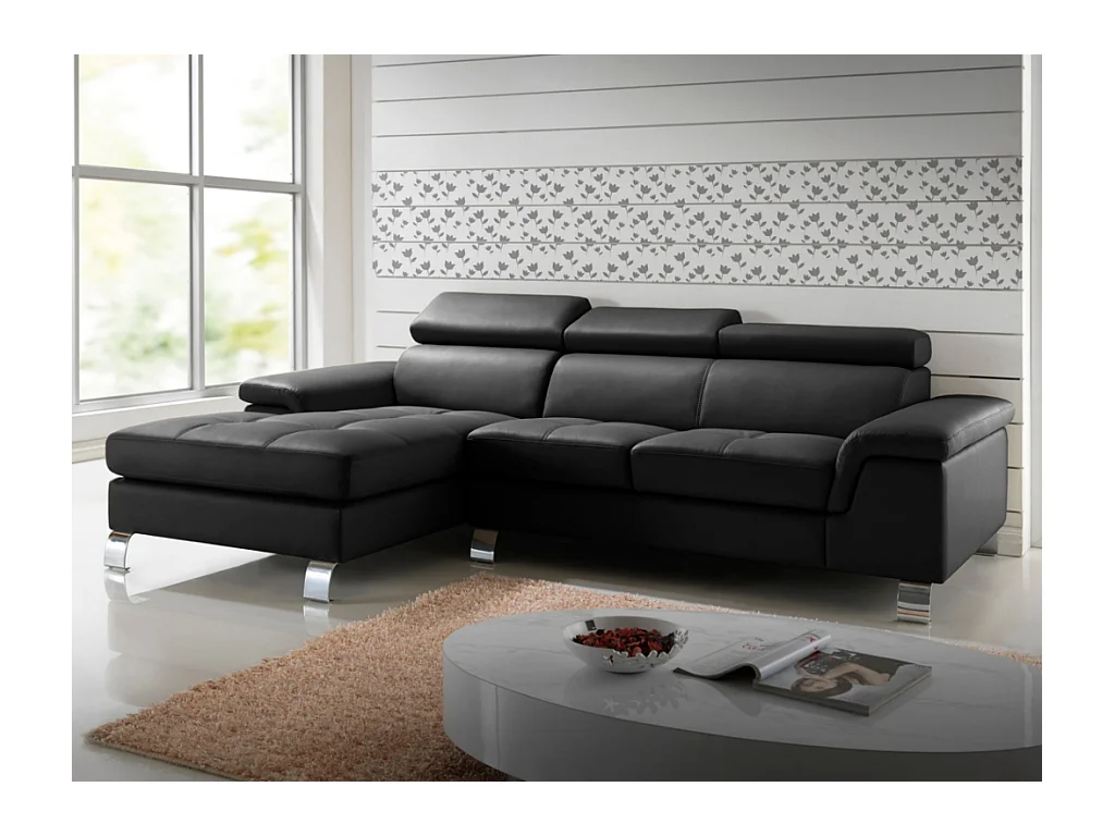 Divano angolare in pelle Nero - Angolo a sinistra - MISHIMA