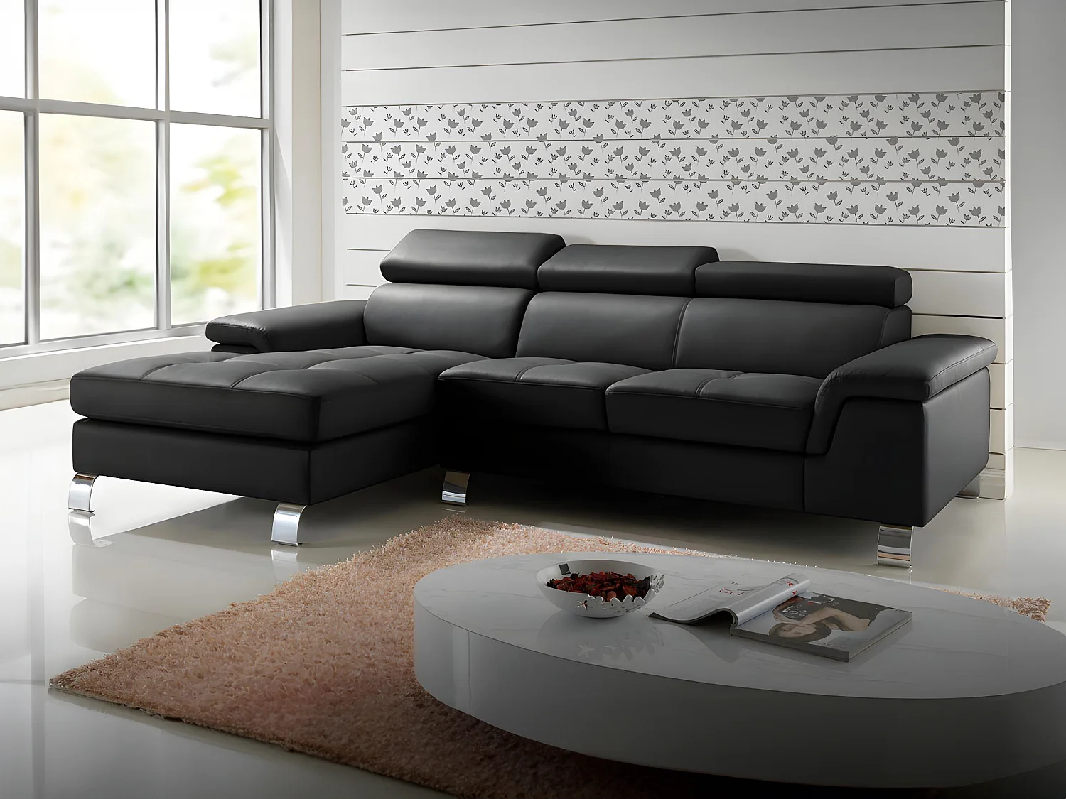 Ecksofa Leder - Ecke Links - Schwarz - MISHIMA