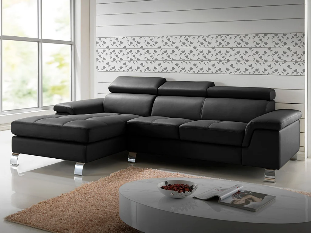Divano angolare in pelle Nero - Angolo a sinistra - MISHIMA