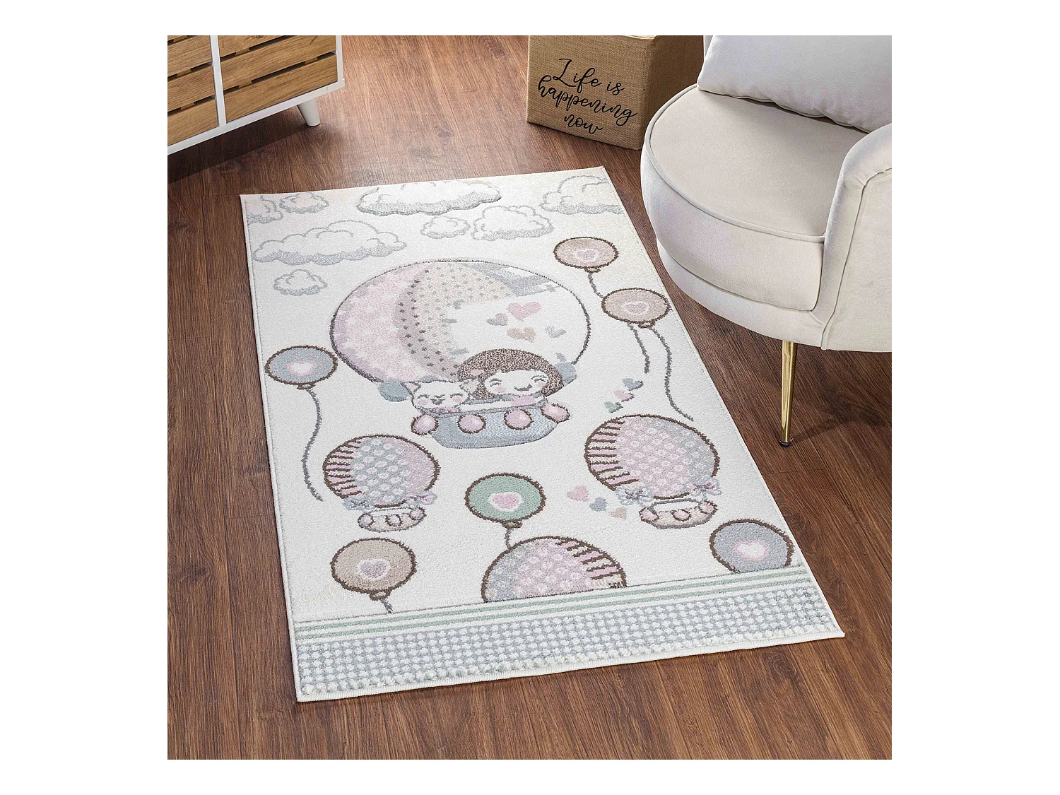 Kinderkamer Vloerkleed Schattig Heteluchtballonnen - Wit/Roze - 80x150cm - CUTE LOON