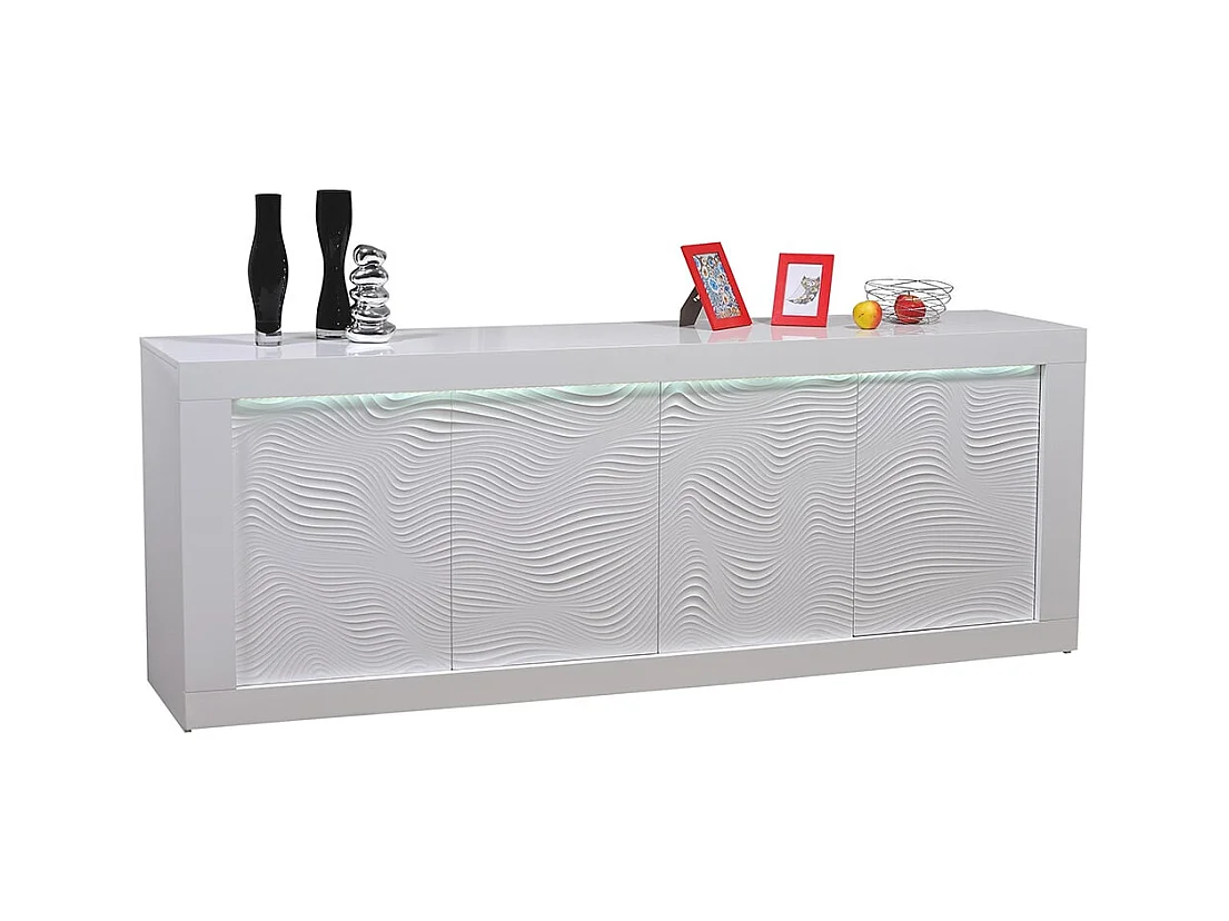 DAYTON WHITE - Buffet 4 Portes Laqué Blanc à Relief et Leds