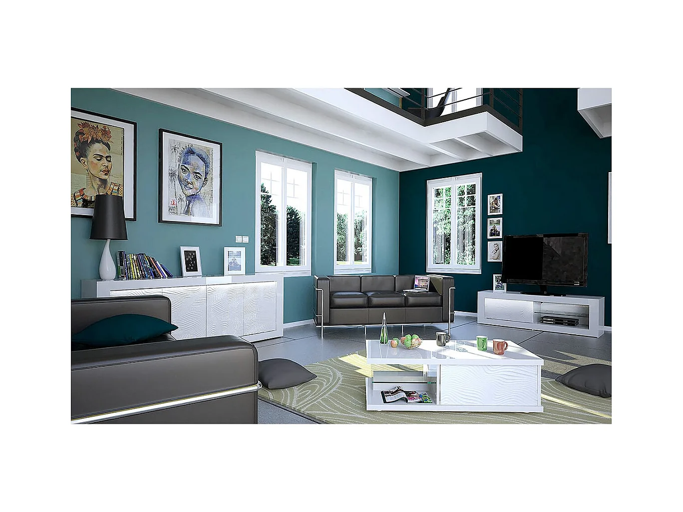 DAYTON WHITE - Buffet 4 Portes Laqué Blanc à Relief et Leds