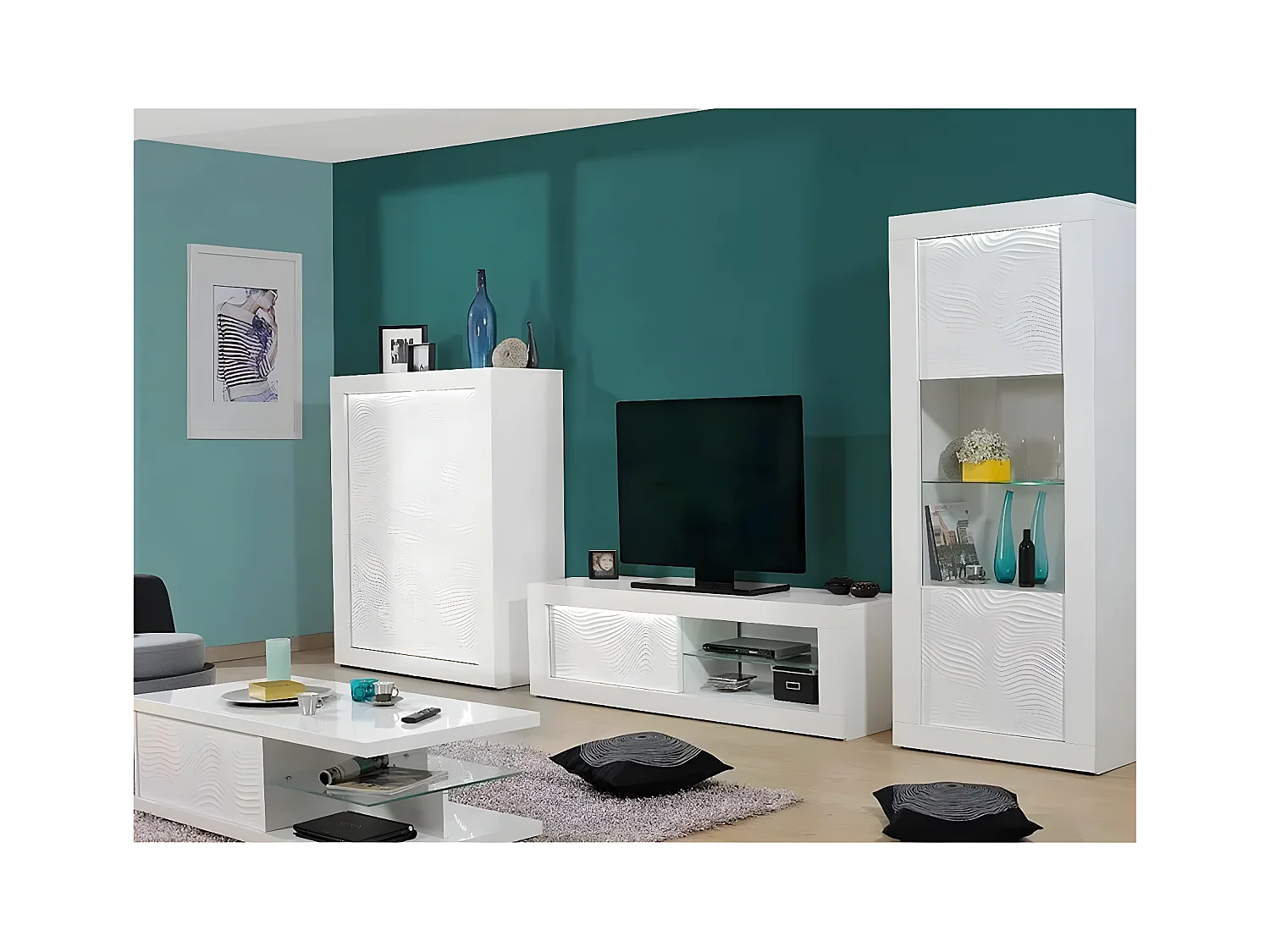 DAYTON WHITE - Meuble de Rangement 2 Portes Laqué Blanc et Leds