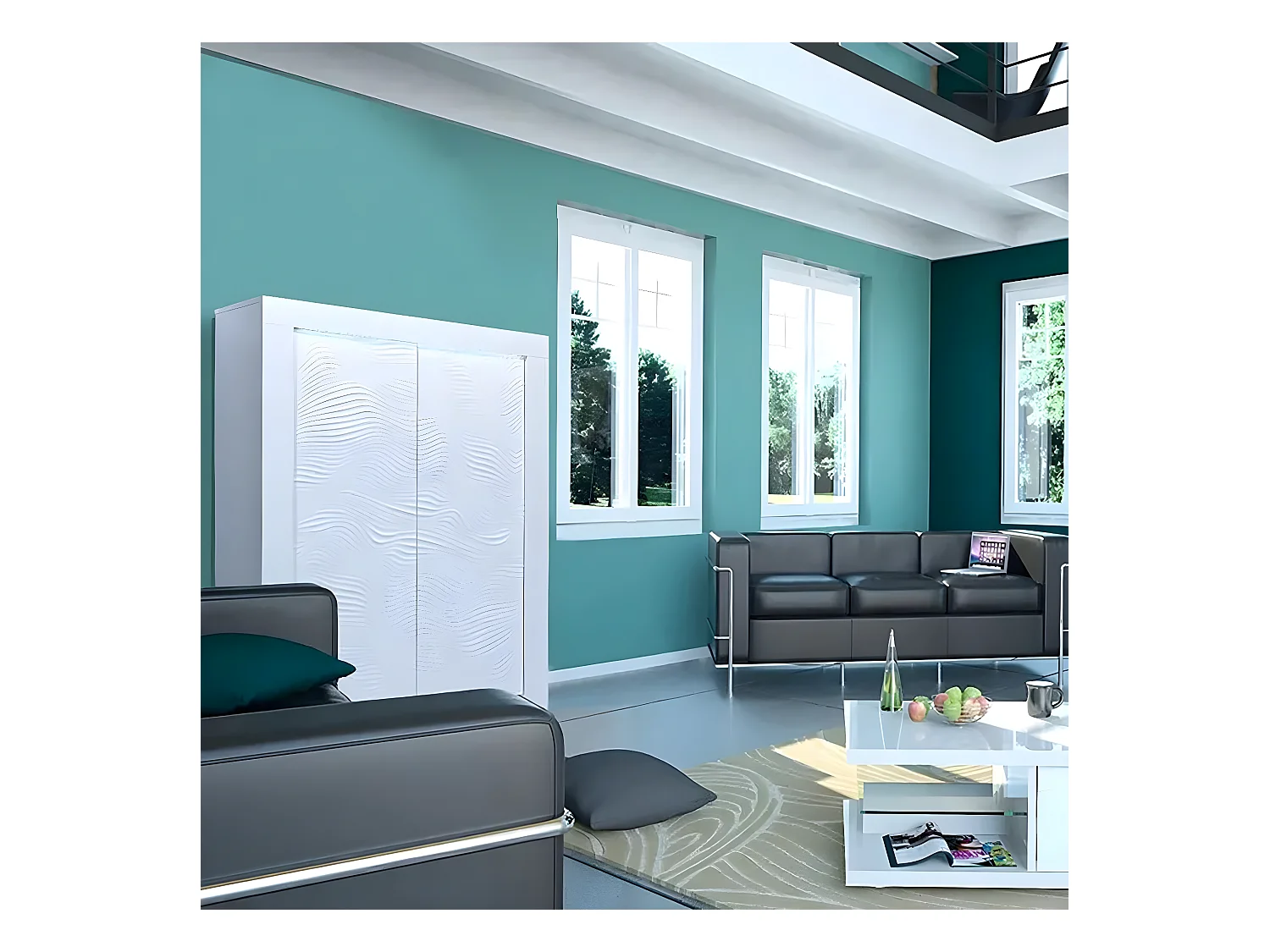 DAYTON WHITE - Meuble de Rangement 2 Portes Laqué Blanc et Leds