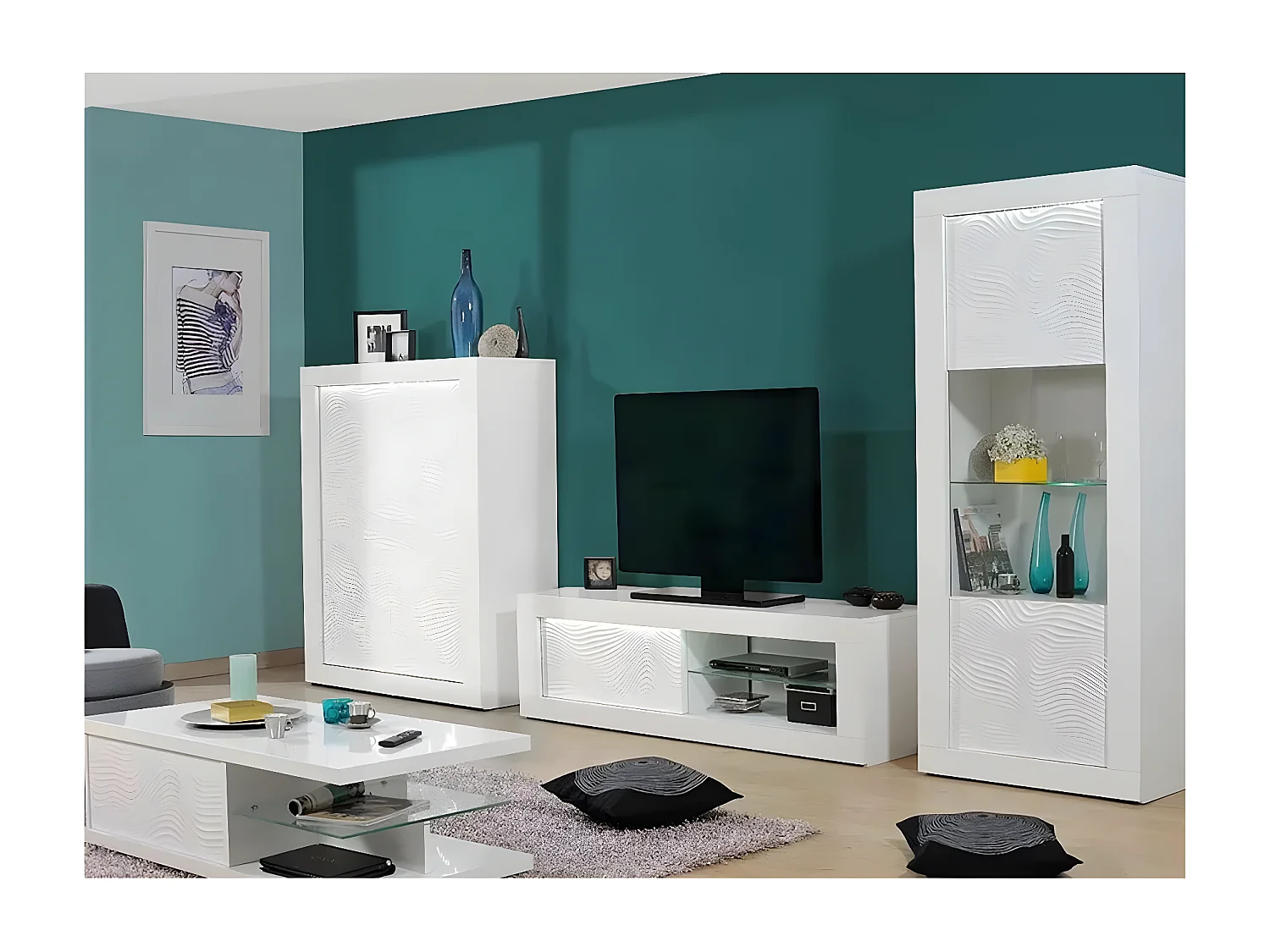 DAYTON WHITE - Meuble de Rangement 2 Portes Laqué Blanc et Leds