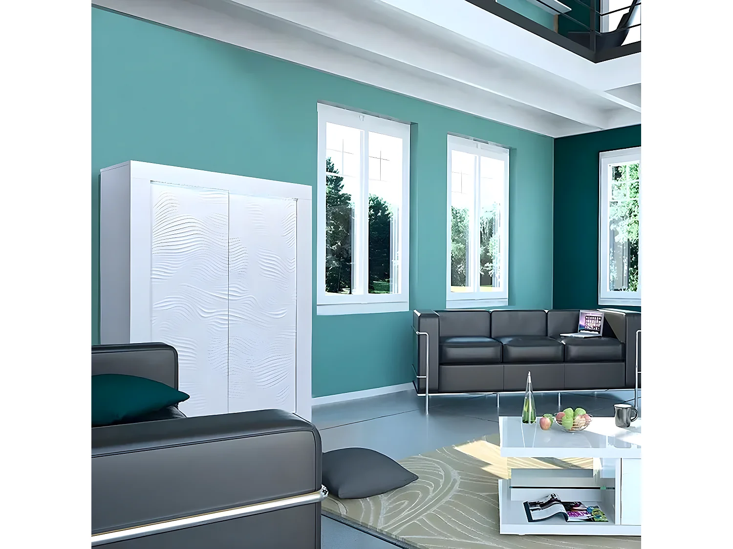 DAYTON WHITE - Meuble de Rangement 2 Portes Laqué Blanc et Leds