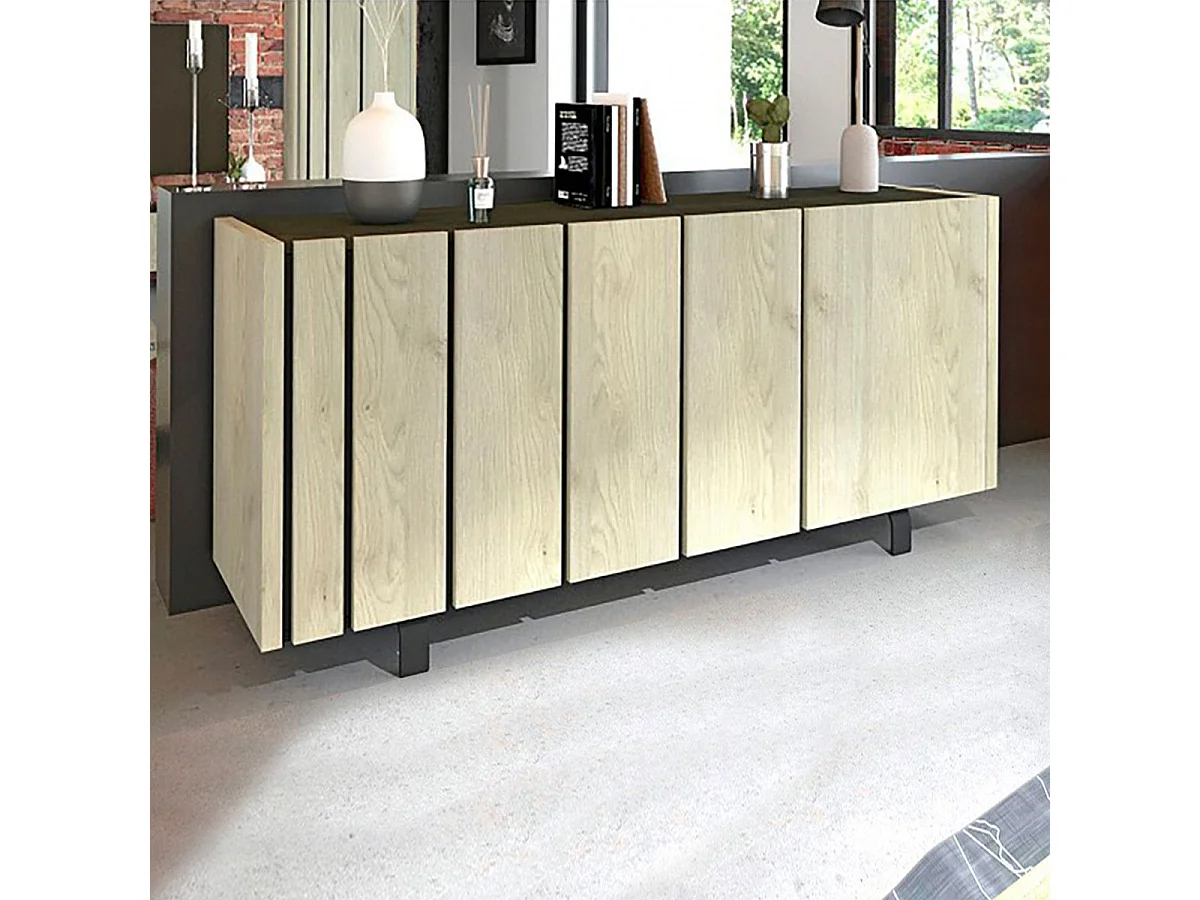 YUMA - Buffet 3 Portes Industriel Effet Chêne et Métal