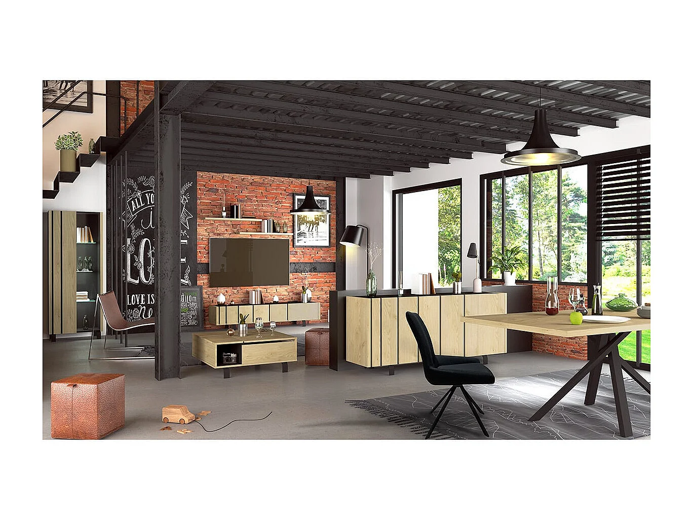 YUMA - Buffet 3 Portes Industriel Effet Chêne et Métal