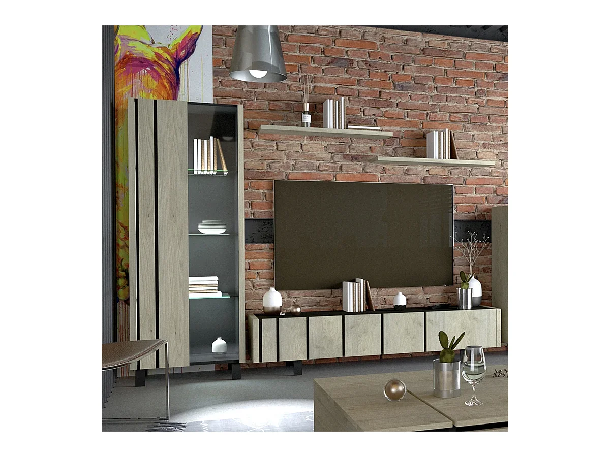 YUMA - Vitrine 1 Porte Réversible Effet Chêne et Leds