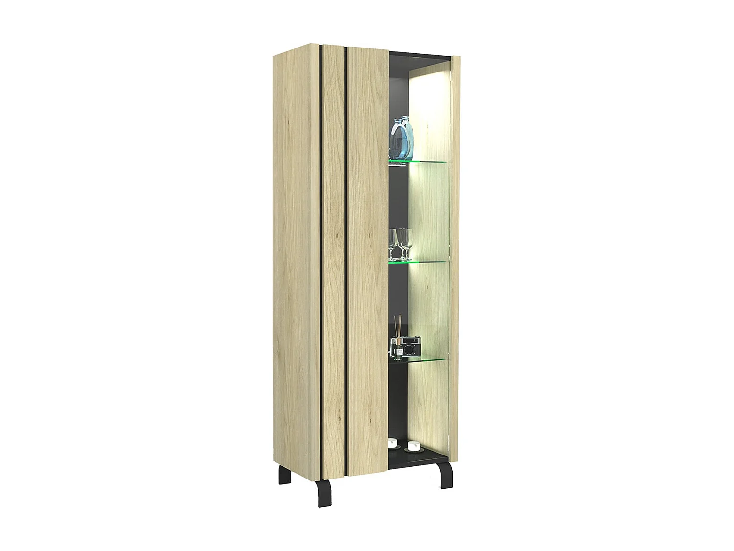 YUMA - Vitrine 1 Porte Réversible Effet Chêne et Leds