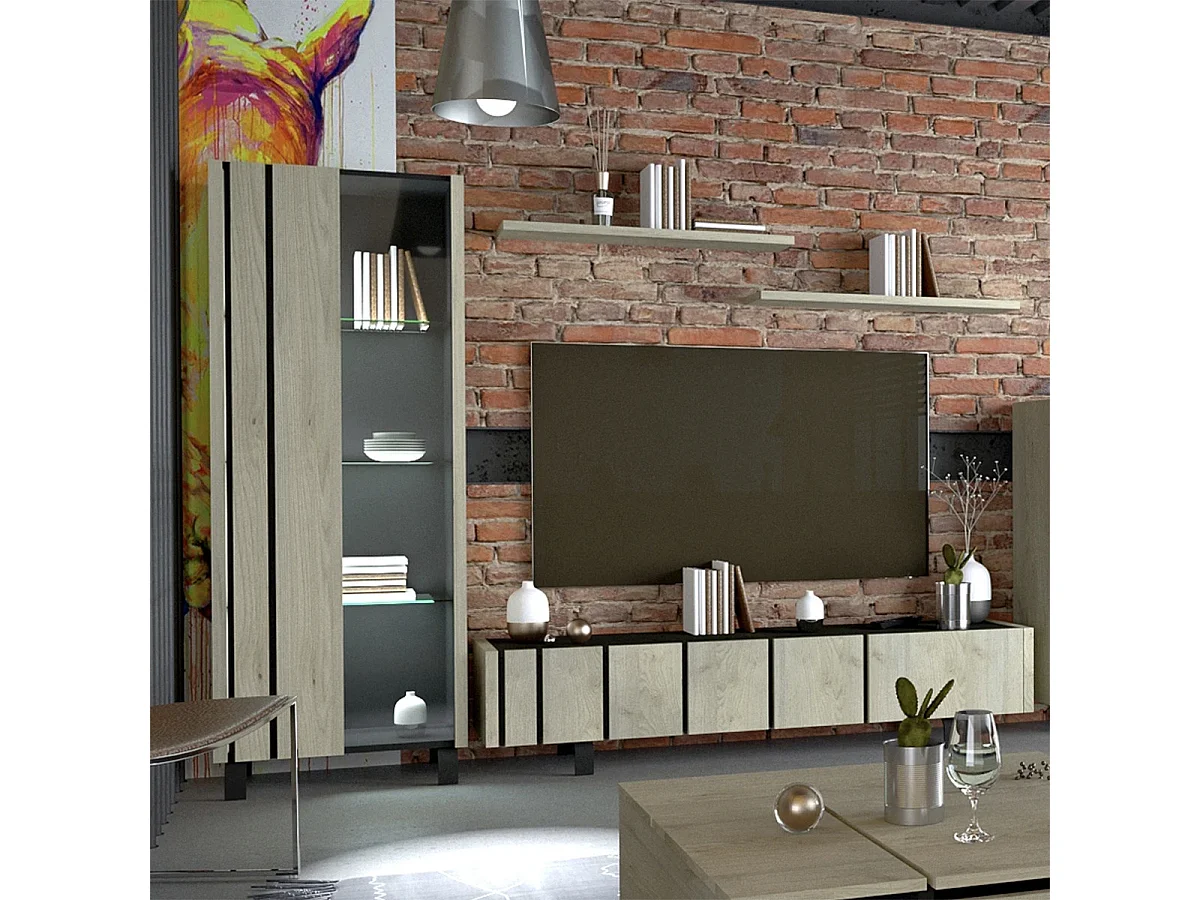 YUMA - Vitrine 1 Porte Réversible Effet Chêne et Leds