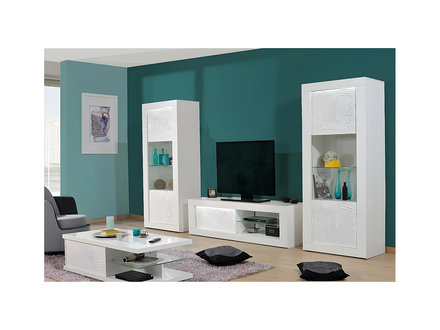 DAYTON WHITE - Vitrine 1 Porte Réversible Laquée Blanche et Leds