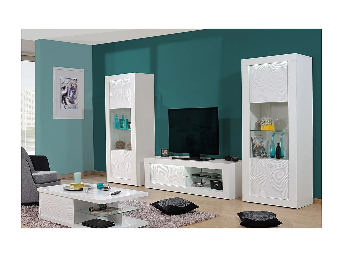 DAYTON WHITE - Vitrine 1 Porte Réversible Laquée Blanche et Leds