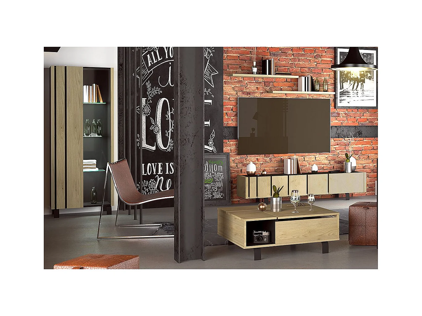 YUMA - Pack Table Basse Relevable + Meuble TV + Vitrine Réversible
