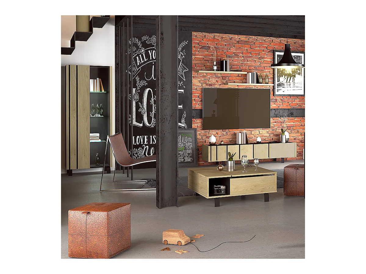 YUMA - Pack Table Basse Relevable + Meuble TV + Vitrine Réversible