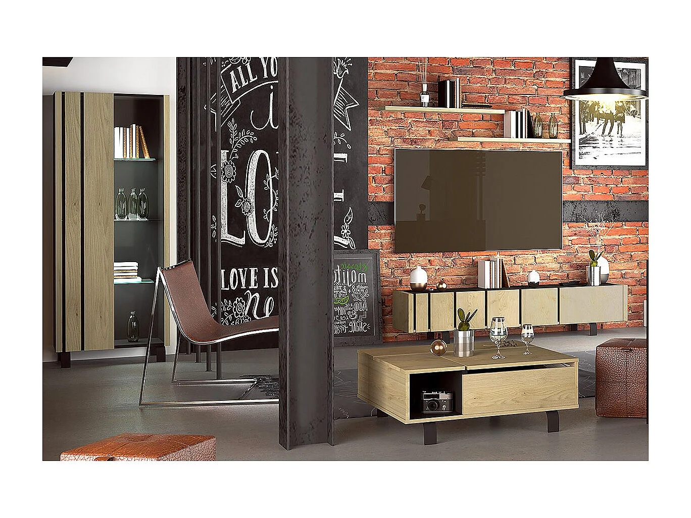 YUMA - Pack Table Basse Relevable + Meuble TV + Vitrine Réversible