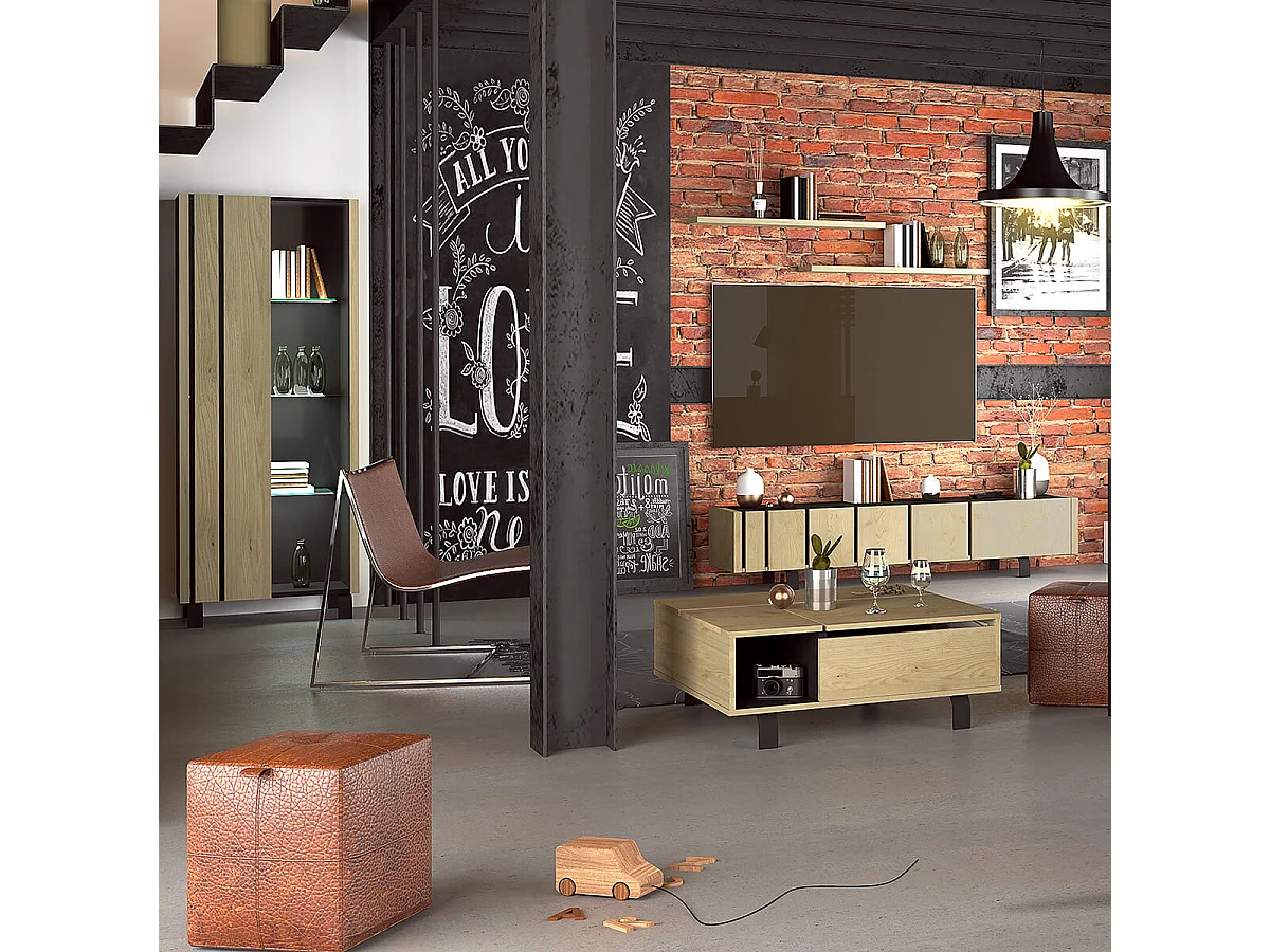 YUMA - Pack Table Basse Relevable + Meuble TV + Vitrine Réversible