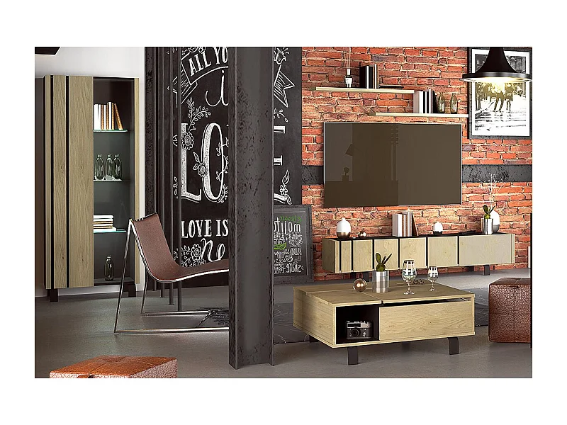 YUMA - Pack Table Basse Relevable + Meuble TV + Vitrine Réversible