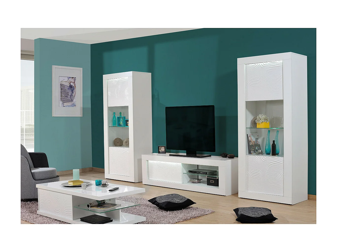 DAYTON WHITE - Ensemble Salon Complet Laqué Blanc et Leds