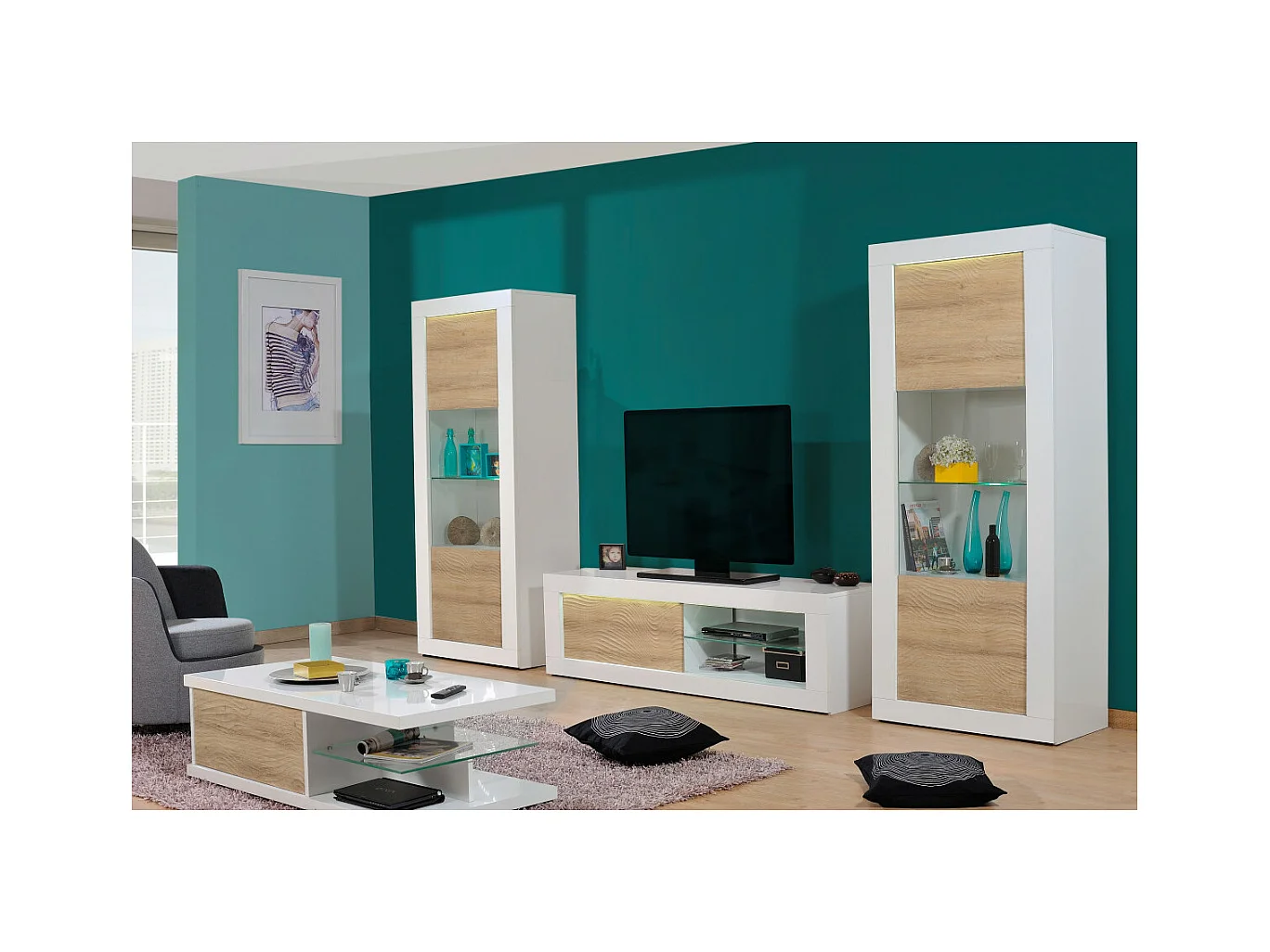 DAYTON OAK - Ensemble Salon Complet Effet Chêne et Leds