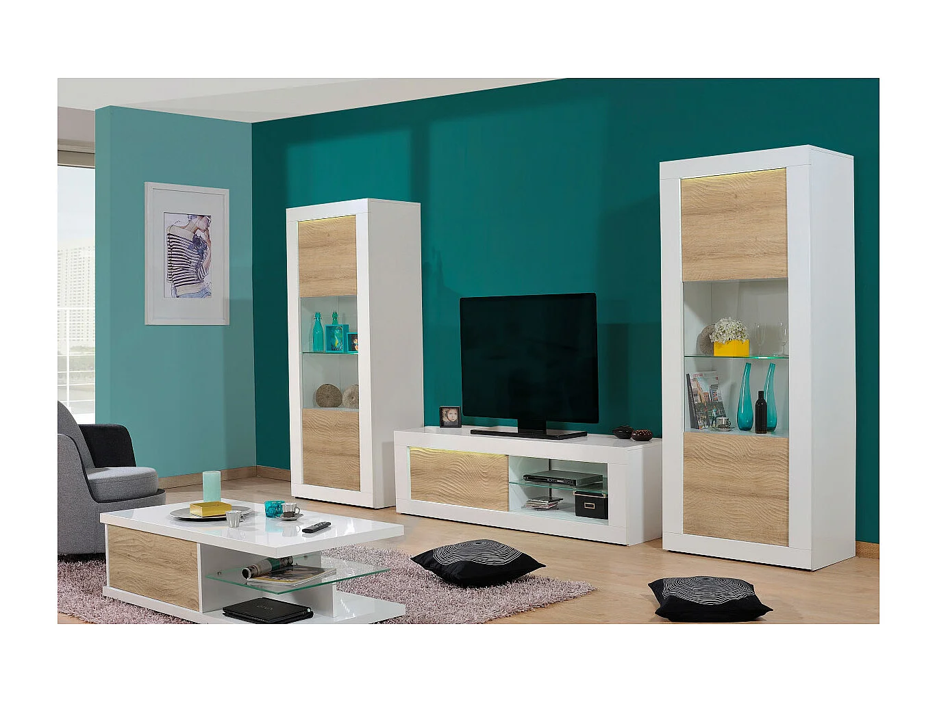 DAYTON OAK - Ensemble Salon Complet Effet Chêne et Leds