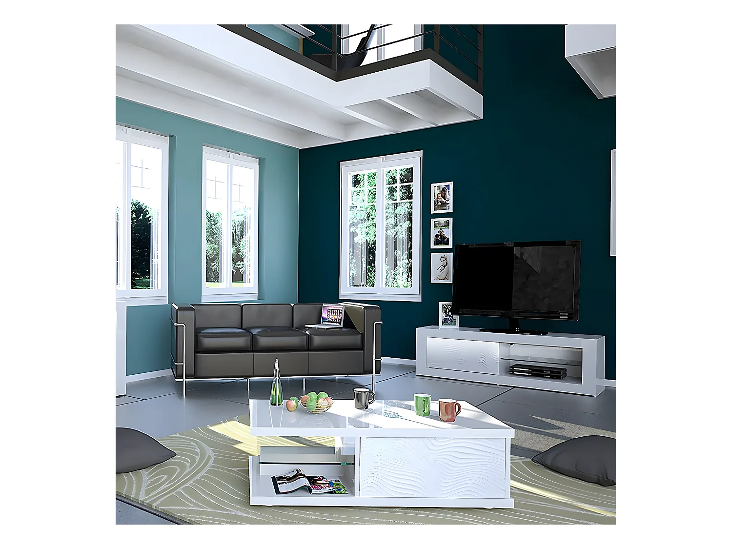 DAYTON WHITE - Table Basse 1 Tiroir Laquée Blanche à Relief