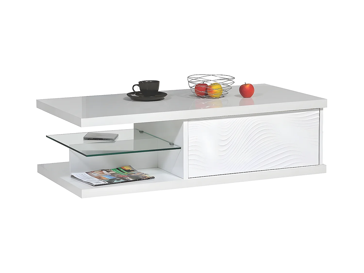 DAYTON WHITE - Table Basse 1 Tiroir Laquée Blanche à Relief