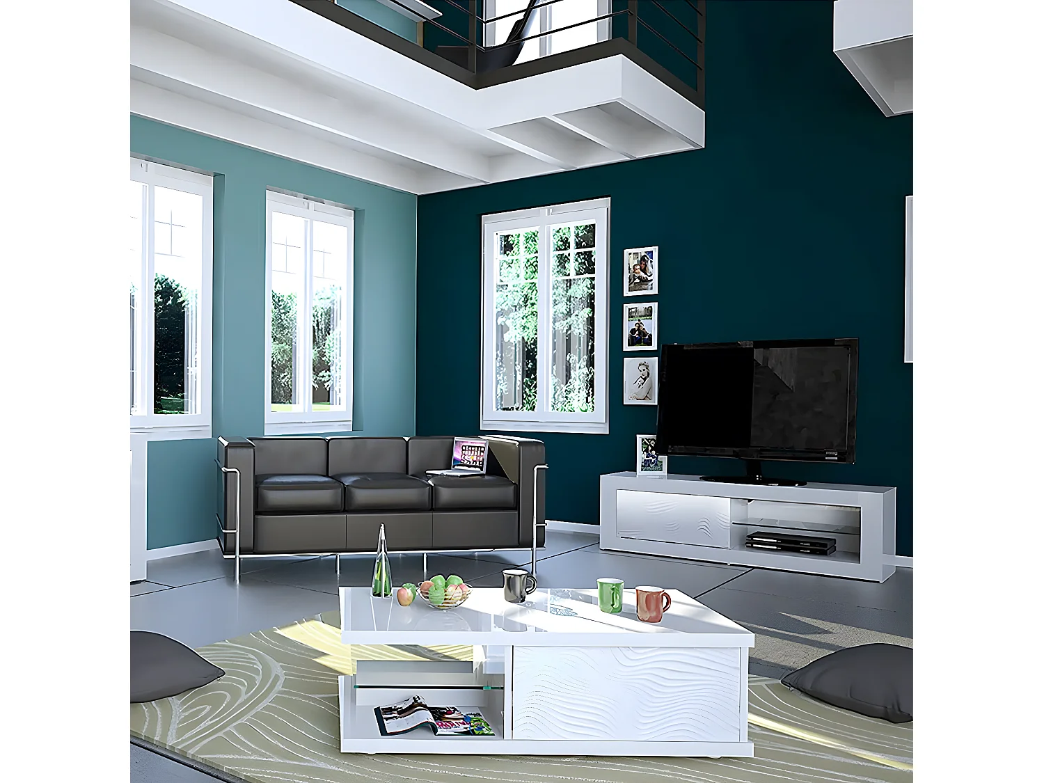 DAYTON WHITE - Table Basse 1 Tiroir Laquée Blanche à Relief