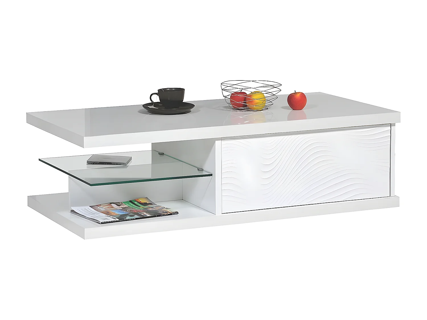 DAYTON WHITE - Table Basse 1 Tiroir Laquée Blanche à Relief