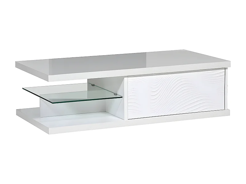 DAYTON WHITE - Table Basse 1 Tiroir Laquée Blanche à Relief