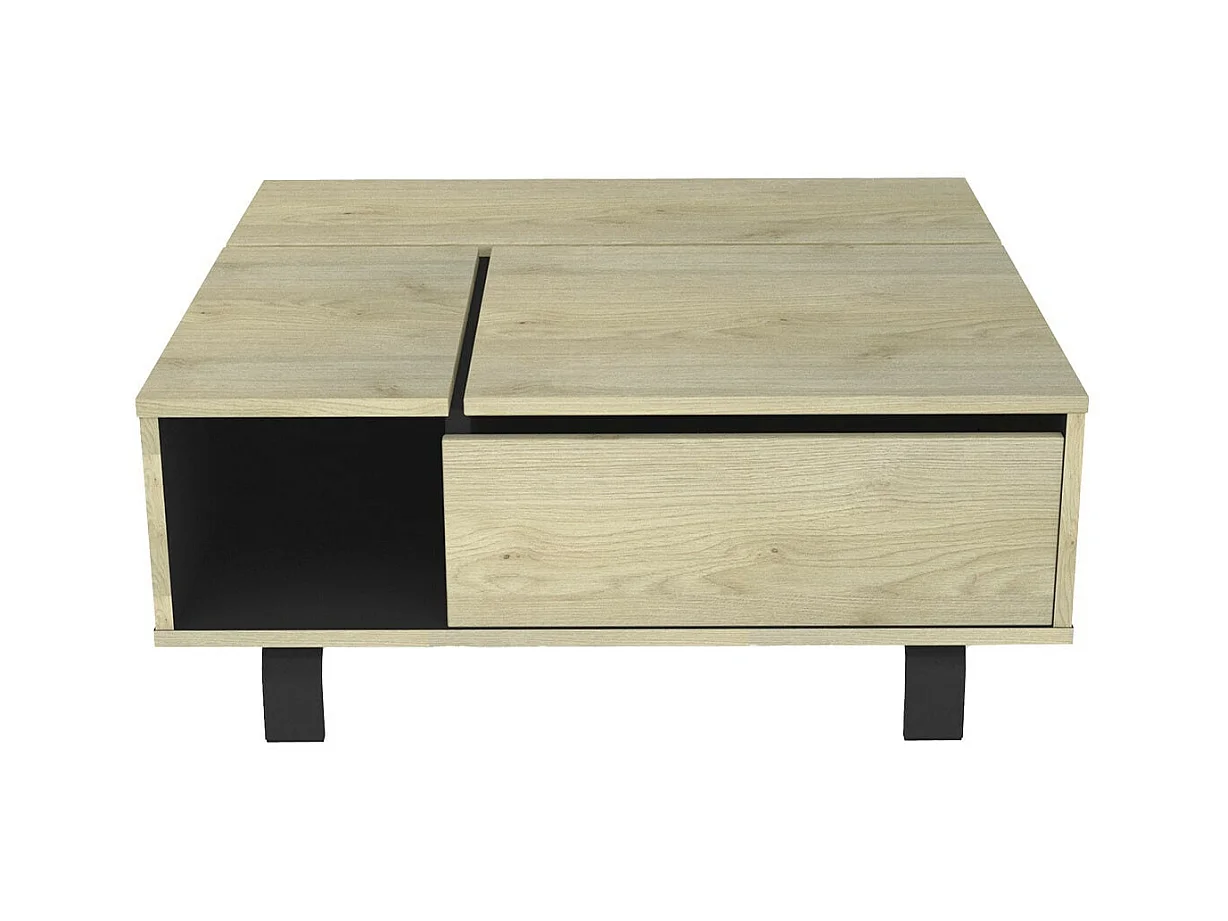 YUMA - Table Basse Relevable Carrée Industrielle Effet Chêne