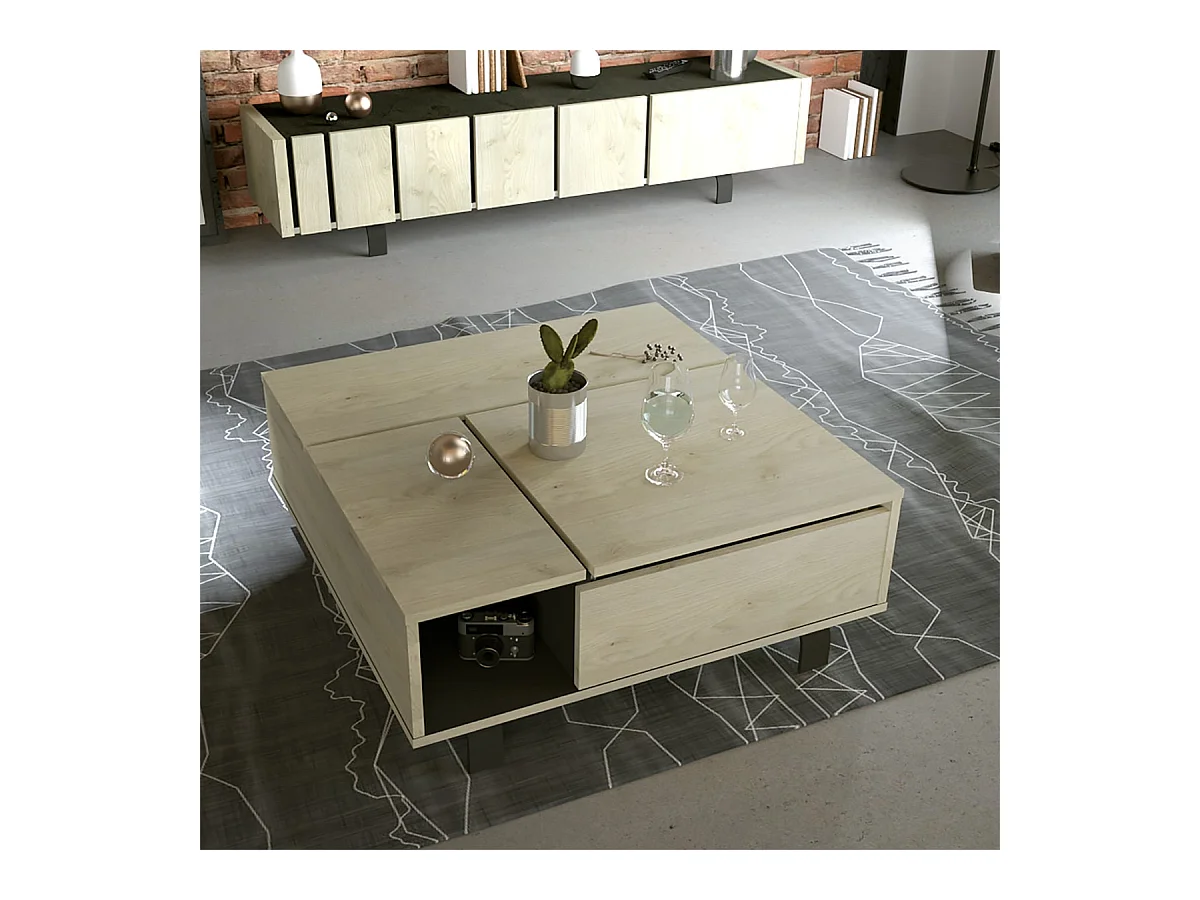 YUMA - Table Basse Relevable Carrée Industrielle Effet Chêne