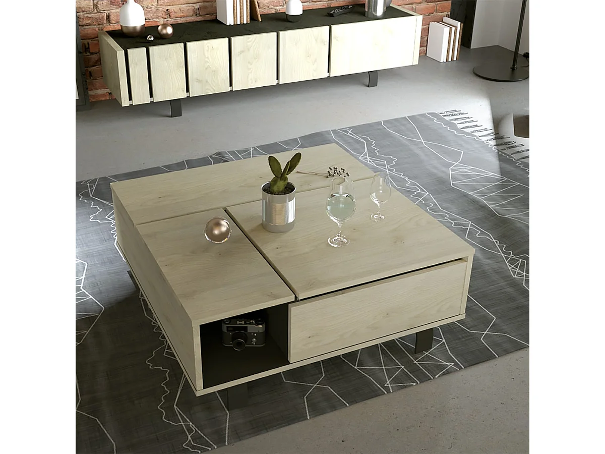 YUMA - Table Basse Relevable Carrée Industrielle Effet Chêne