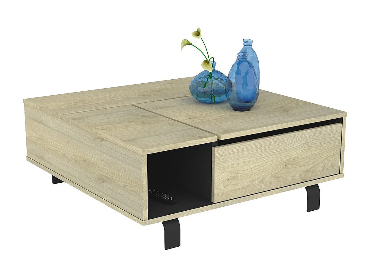 YUMA - Table Basse Relevable Carrée Industrielle Effet Chêne