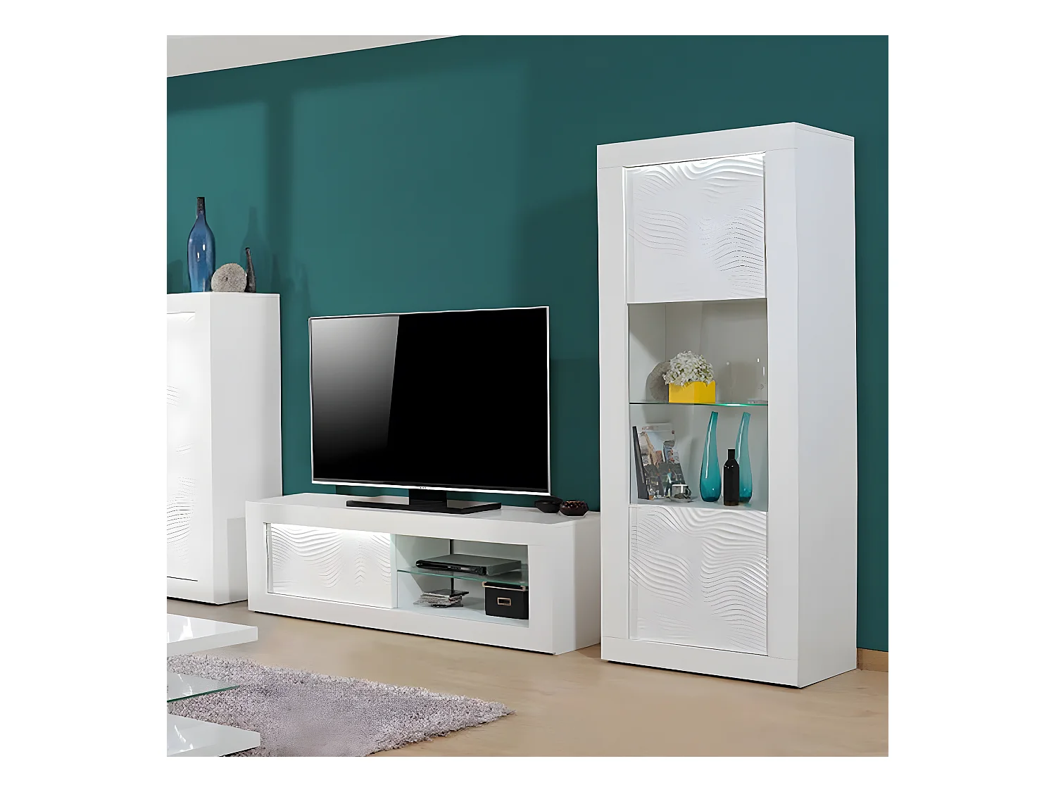 DAYTON WHITE - Meuble TV Laqué Blanc Porte Coulissante et Leds