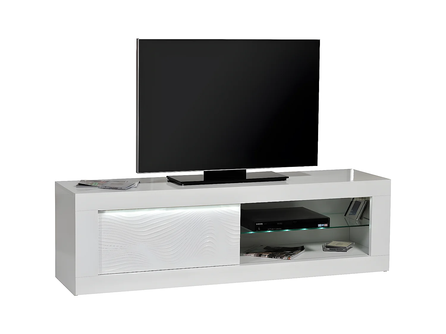DAYTON WHITE - Meuble TV Laqué Blanc Porte Coulissante et Leds