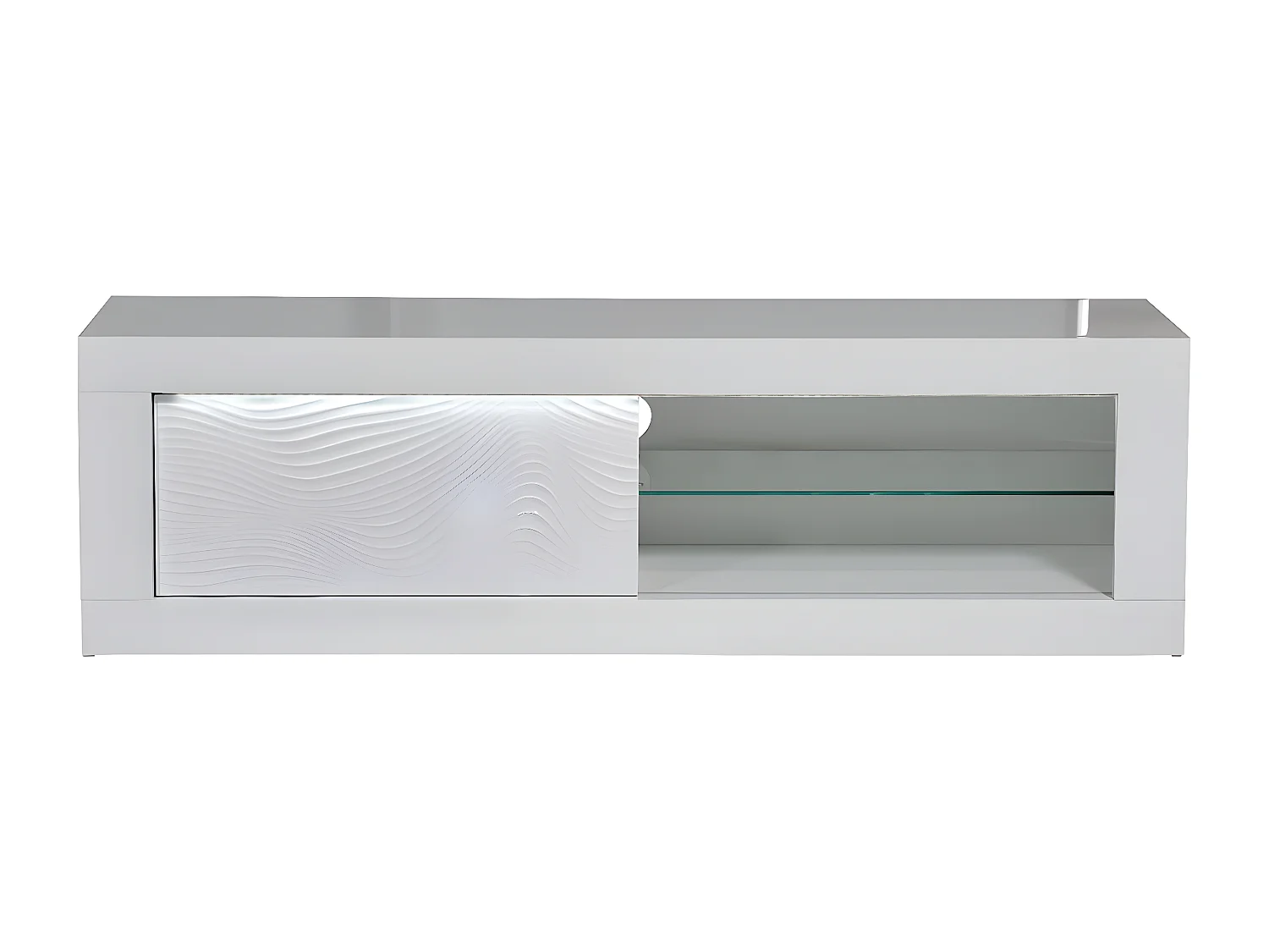 DAYTON WHITE - Meuble TV Laqué Blanc Porte Coulissante et Leds