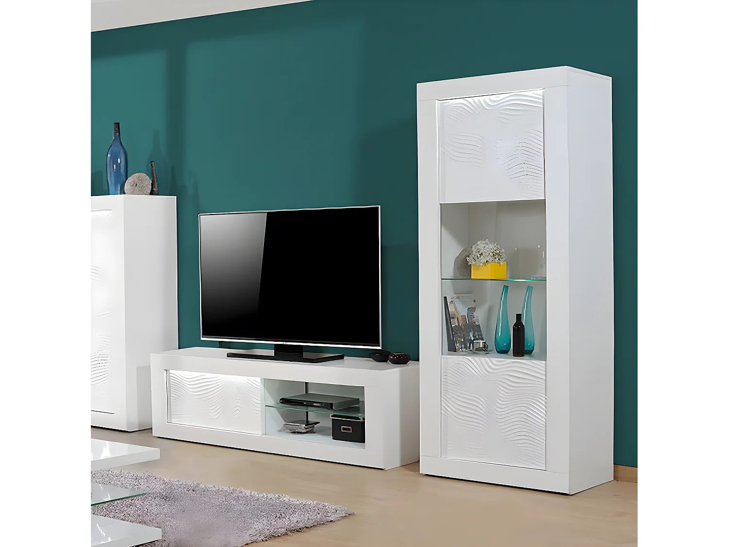 DAYTON WHITE - Meuble TV Laqué Blanc Porte Coulissante et Leds