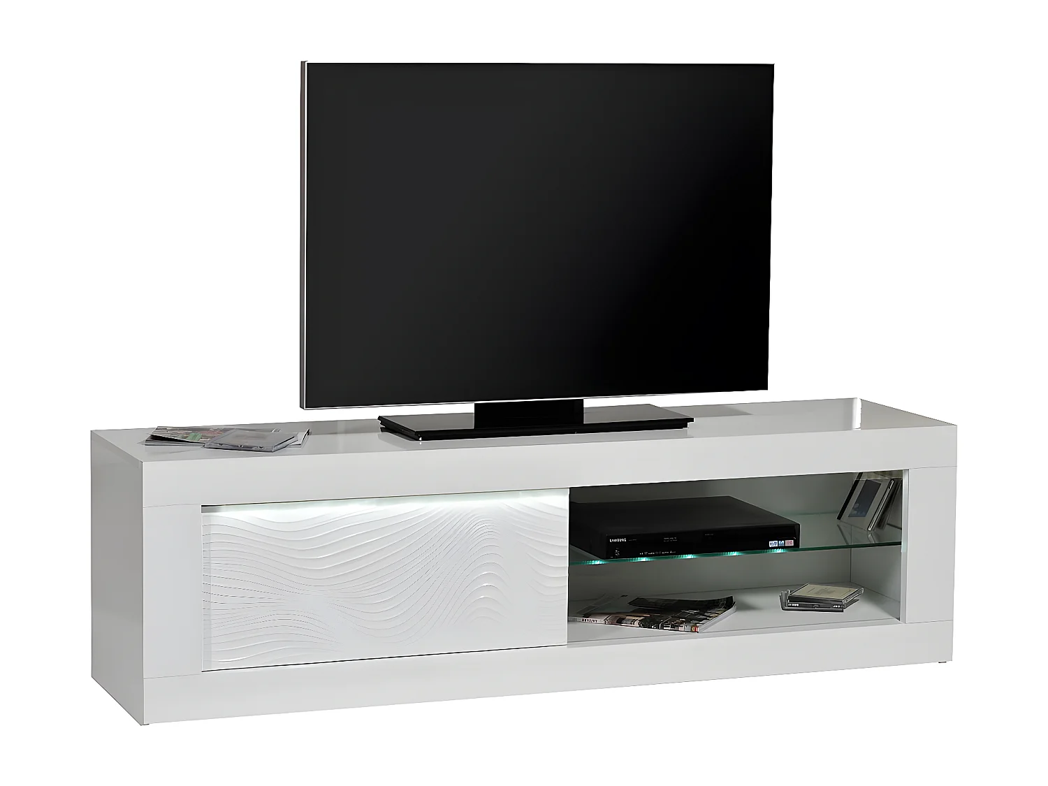 DAYTON WHITE - Meuble TV Laqué Blanc Porte Coulissante et Leds