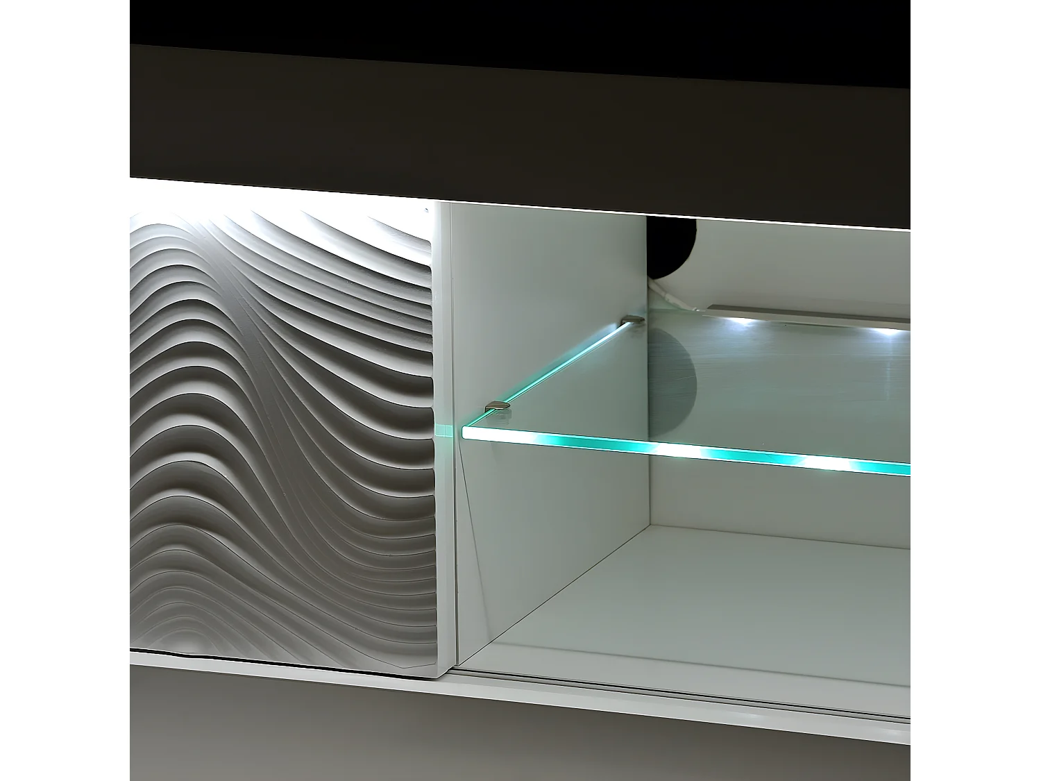 DAYTON WHITE - Meuble TV Laqué Blanc Porte Coulissante et Leds