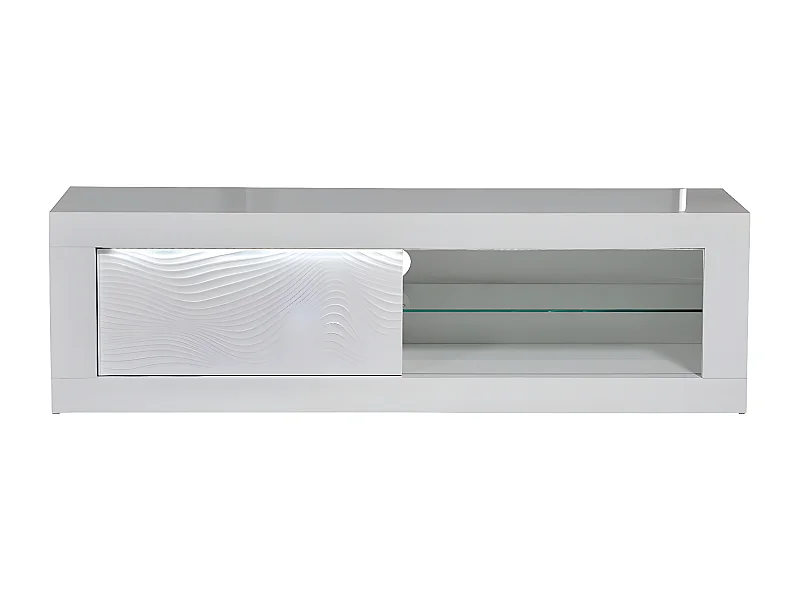 DAYTON WHITE - Meuble TV Laqué Blanc Porte Coulissante et Leds