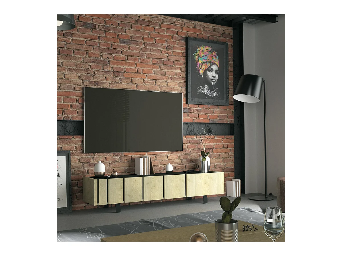 YUMA - Meuble TV 3 Portes Industriel Effet Chêne et Métal