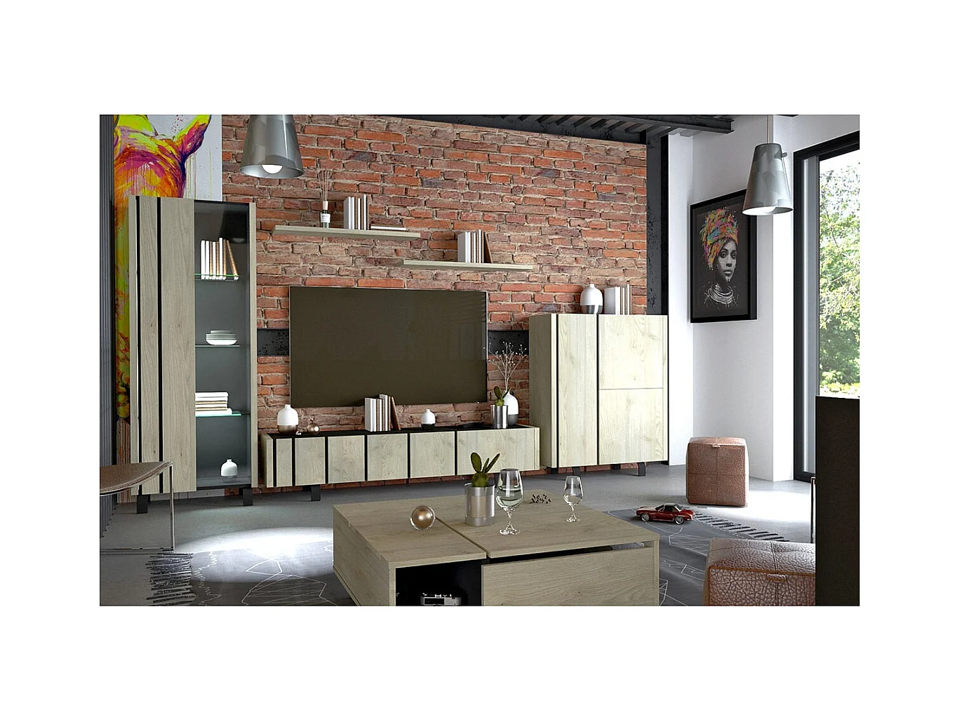 YUMA - Meuble TV 3 Portes Industriel Effet Chêne et Métal