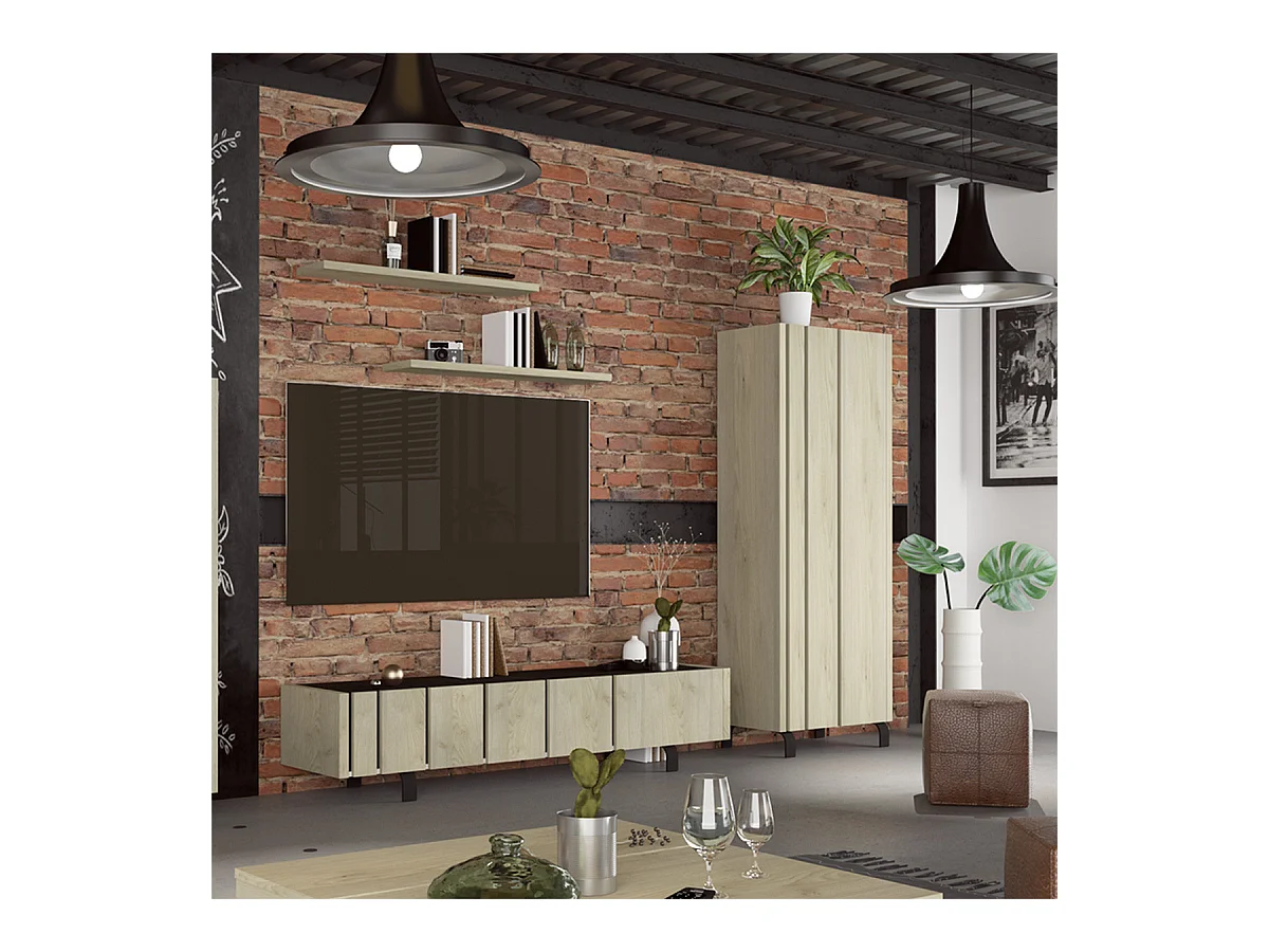 YUMA - Meuble TV 3 Portes Industriel Effet Chêne et Métal