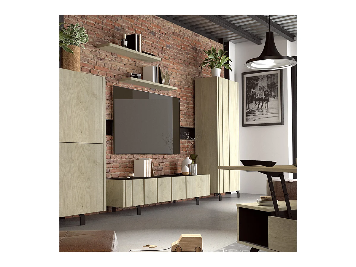 YUMA - Meuble TV 3 Portes Industriel Effet Chêne et Métal