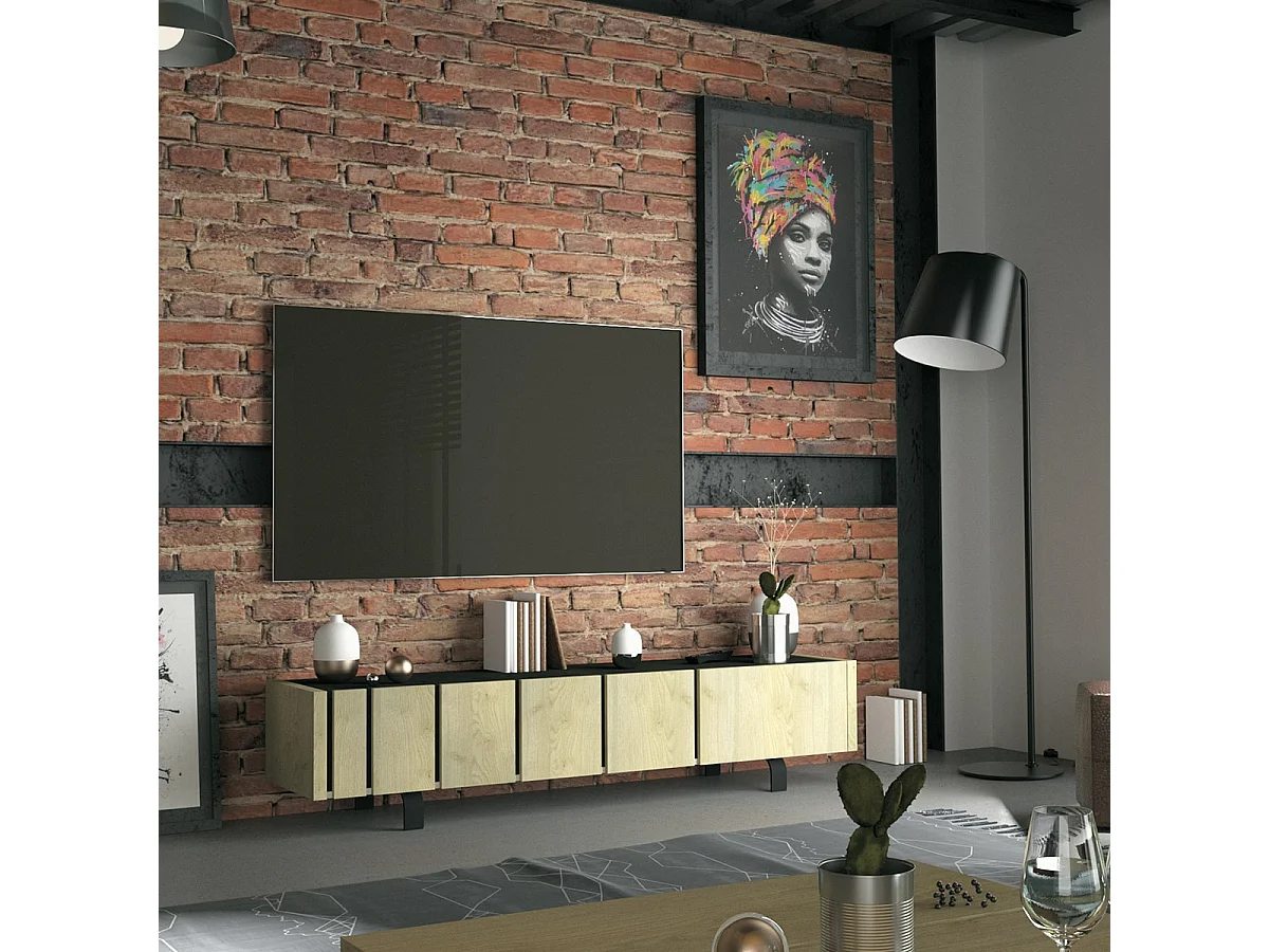 YUMA - Meuble TV 3 Portes Industriel Effet Chêne et Métal