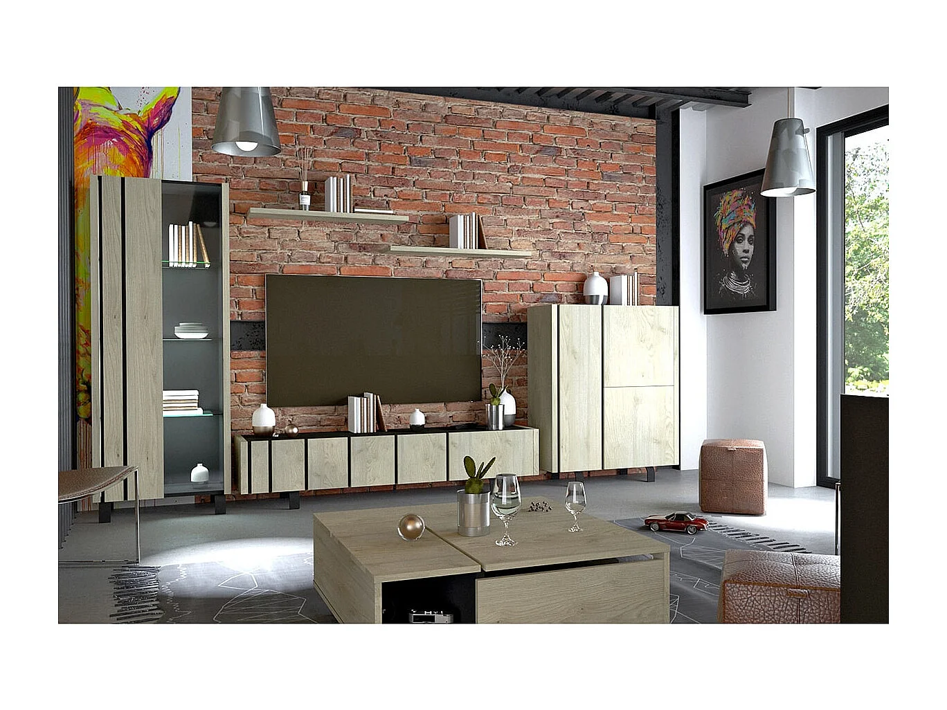 YUMA - Meuble TV 3 Portes Industriel Effet Chêne et Métal