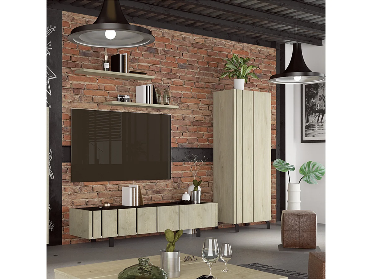 YUMA - Meuble TV 3 Portes Industriel Effet Chêne et Métal