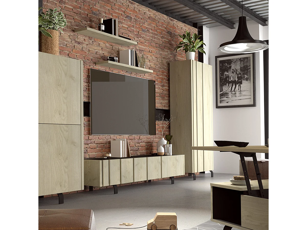 YUMA - Meuble TV 3 Portes Industriel Effet Chêne et Métal