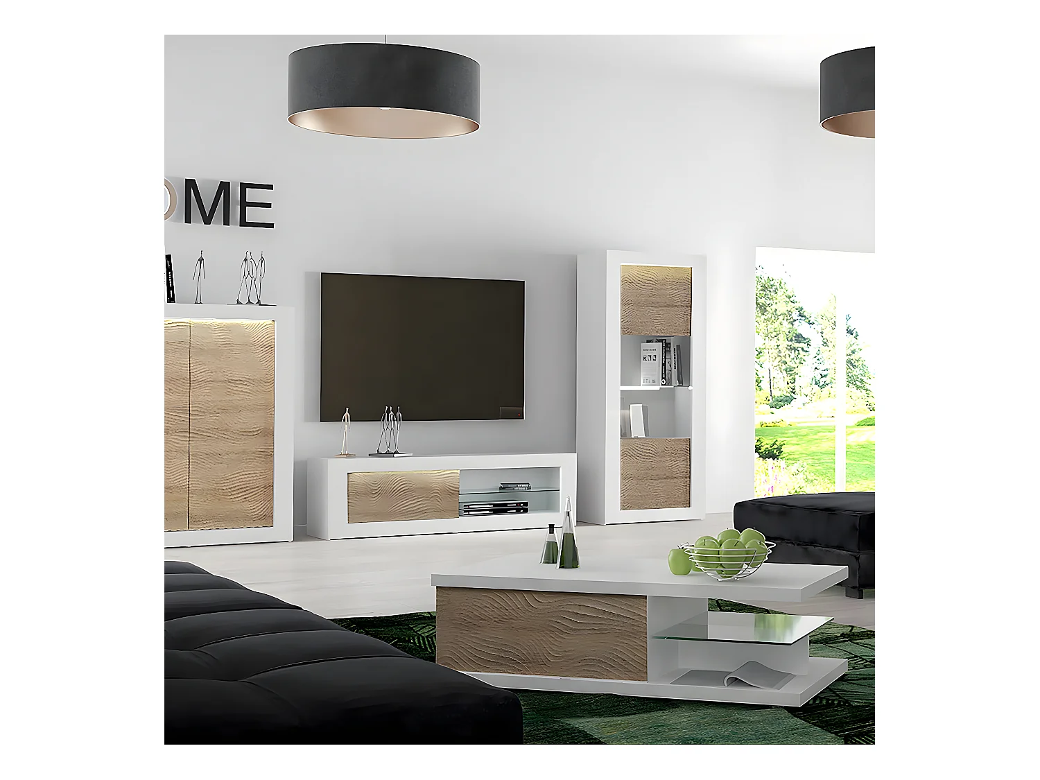 DAYTON OAK - Meuble TV Effet Chêne à Relief Porte Coulissante et Leds